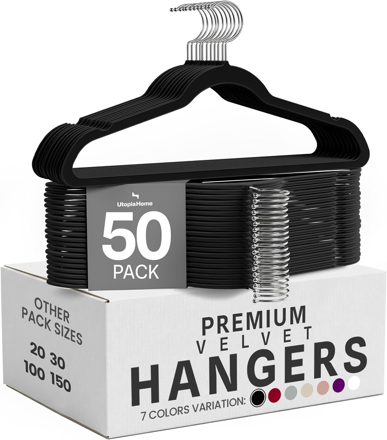 Utopia Home Velvet Hangers 50 Pack – Luxury Non-Slip Slim Hangers Black | Luxury Non-Slip Slim Pant & Coat Hangers. Strong Space-Saving Clothes Hangers with Pants Bar and 360° Swivel Hook