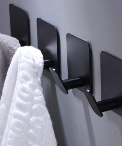 DELITON 2.8 x 2.8 Extra Large Adhesive Towel Hooks for Bathroom Kitchen – Heavy Duty No Damage 4 Pack – Perfect Stick On for Coats Robes Umbrellas Kitchen Utensils (Matte Black Stainless Steel)