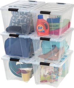 IRIS USA 54 Qt Stackable Plastic Storage Bins with Lids. 6 Pack - BPA-Free. Made in USA - See-Through Organizing Solution. Latches. Durable Nestable Containers. Secure Pull Handle - Clear
